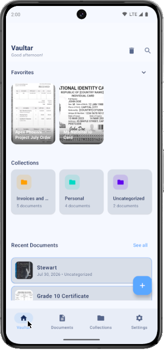 Vaultar application main archive interface displayed inside a mobile device frame.